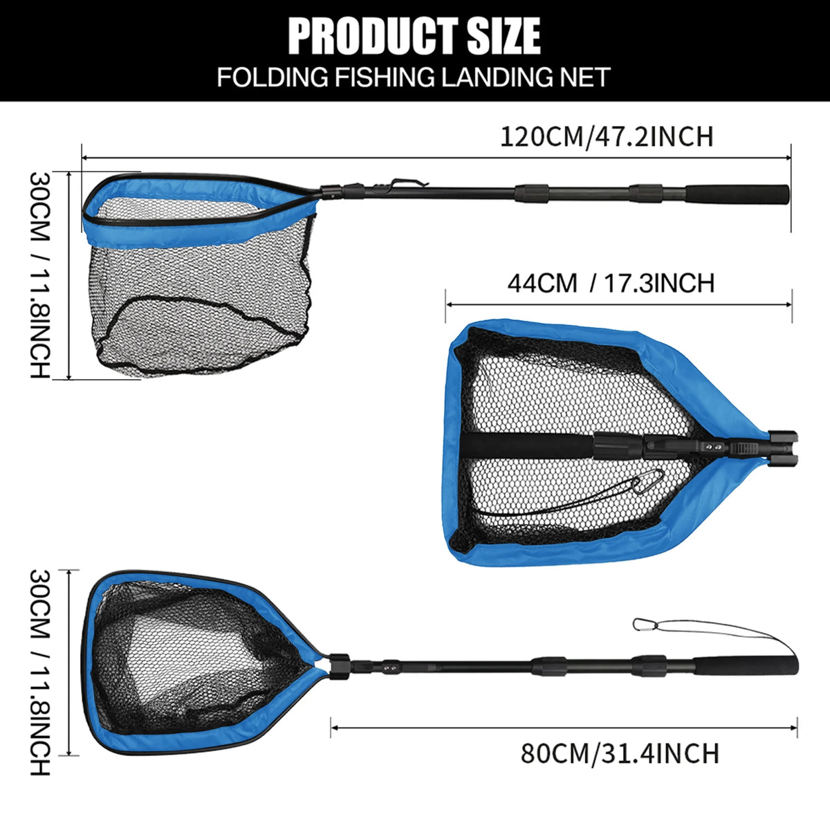 Fishing Landing Net Aluminum Alloy Durable Telescoping Extend to 190cm/130cm/55cm Folding Mesh Safe Fish Catching Releasing