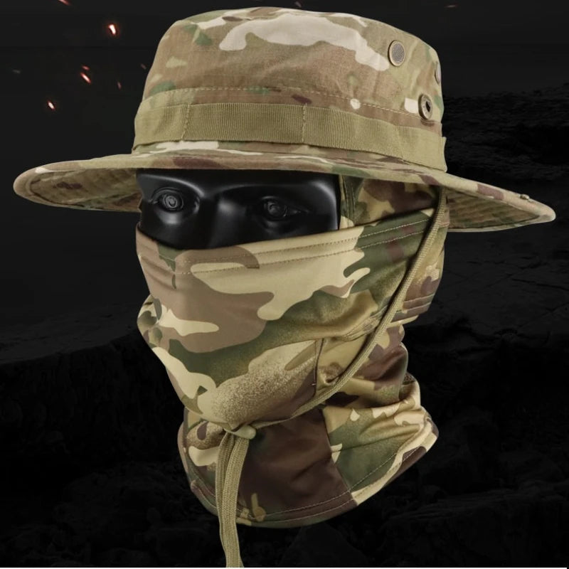 Camouflage Tactical Bucket Hat Set: Multifunctional Outdoor Fishing Hat for Men—Sun Protection, Breathable, and Round-Brimmed